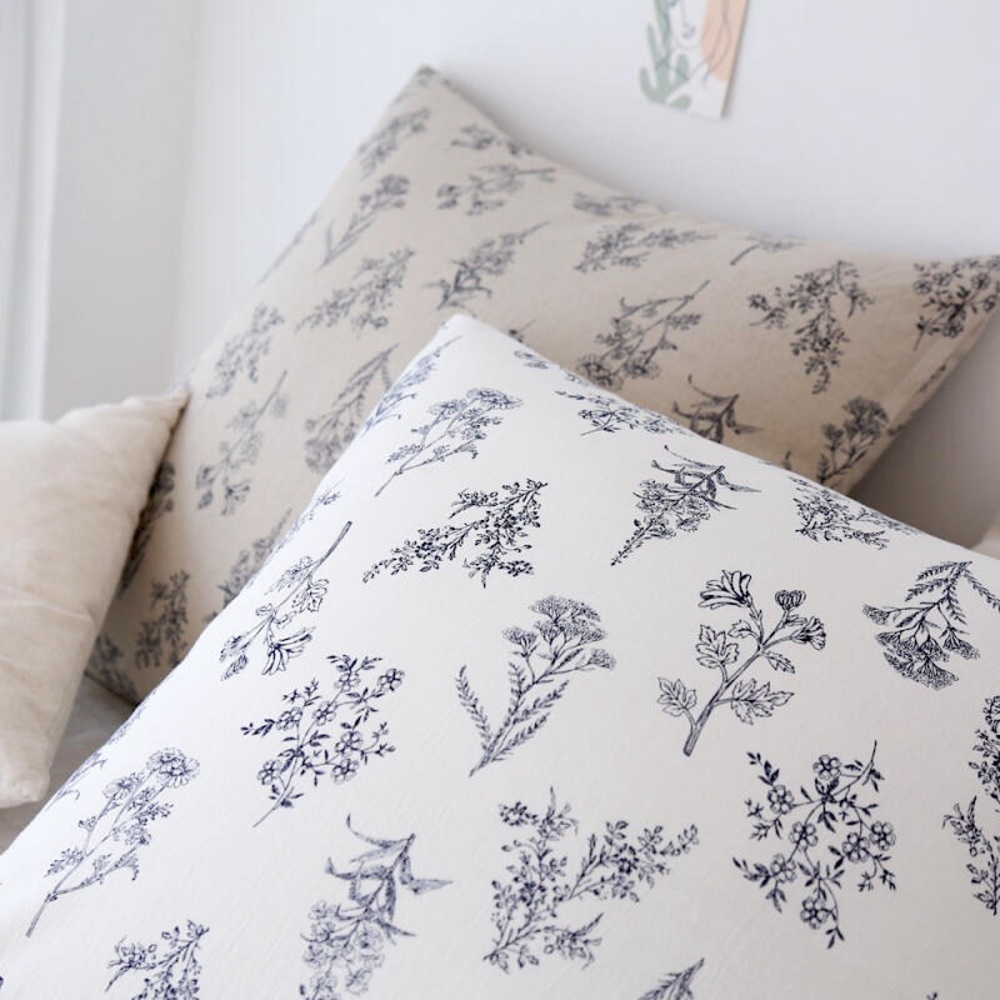 Natural Linen Block Print Floral Throw Pillow Covers Set